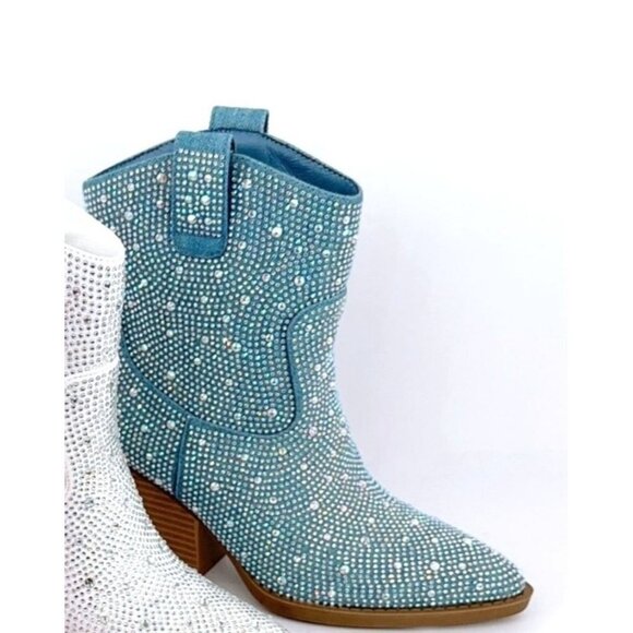 RIVER-01 GLITTER RHINESTONE BLING BOOTIE  Blue Size 6 - Picture 1 of 2